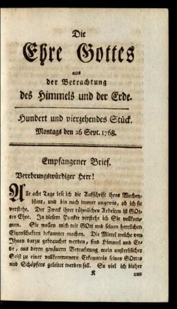Hundert und vierzehendes Stück. Montags den 26 Sept. 1768