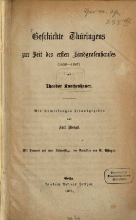 Geschichte Thüringens zur Zeit des ersten Landgrafenhauses : (1039 - 1247)