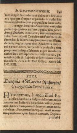 XXXI. Exequiae Marthae Richterin/ Georgii Olai Sueci viduae.