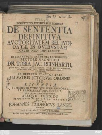 Dissertatio Inavgvralis Jvridica De Sententia Definitiva Avctoritatem Rei Jvdicatae In Qvibusdam Cavsis Non Impetrante