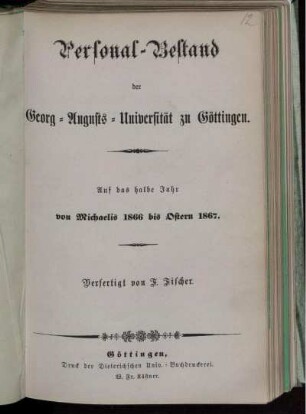 WS 1866/67: Personal-Bestand der Georg-Augusts-Universität zu Göttingen