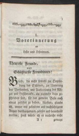 I. Vorerinnerung an Leser und Leserinnen.
