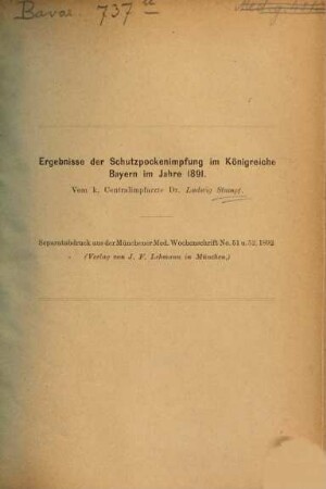 Ergebnisse der Schutzpockenimpfung im Königreiche Bayern für das Jahr.... 1891 (1892)