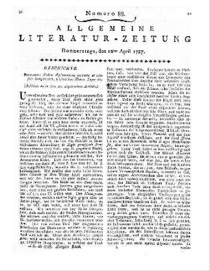 [Sammelrezension dreier niederländischer Rezensionszeitschriften und ihrer Inhalte] Rezensiert werden: 1. Allgemeene Bibliothek. D. 5, St. 5. Amsterdam: Doll [1786] 2. Nieuwe algemeene vaderlandsche letter-oefeningen. D. 2, Nr. 1. Amsterdam [1786] 3. Nieuwe Nederlandsche Bibliotheek. D. 7, St. 1. Amsterdam [1786]