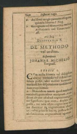 Disputatio X. De Methodo vel ordine. Respondente Johanne Michelio