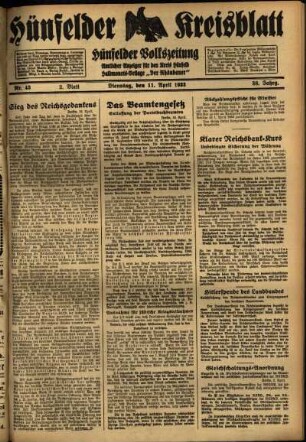 Zweite Ausgabe vom Dienstag, den 11. April 1933.