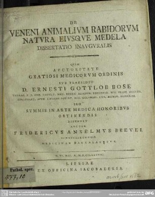 De Veneni Animalium Rabidorum Natura Eiusque Medela : Dissertatio Inauguralis