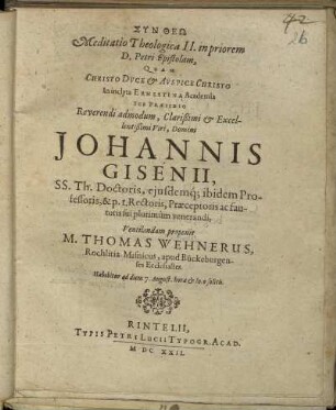 Meditatio Theologica II. in priorem D. Petri Epistolam
