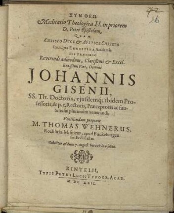 Meditatio Theologica II. in priorem D. Petri Epistolam