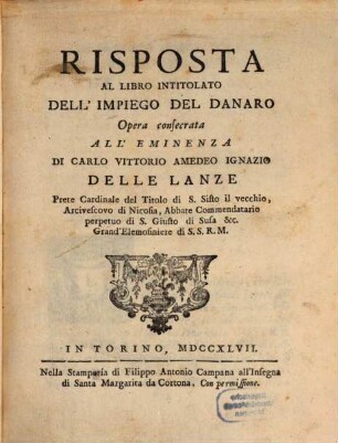 Risposta al libro intitolato: Dell'Impiego del Danaro