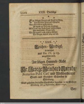 XXIX. Leichen-Predigt: Der zur Seligen Himmels-Ruhe