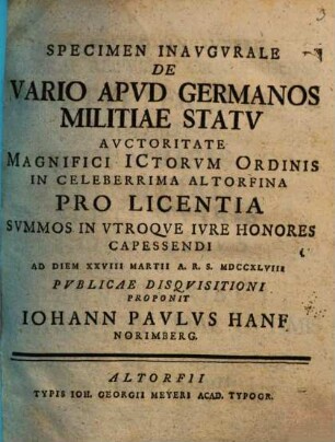 Specimen inaugurale de vario apud Germanos militiae statu