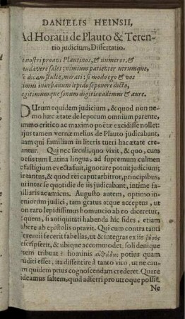 Ad Horatii de Plauto & Terentio iudicium, Dissertatio
