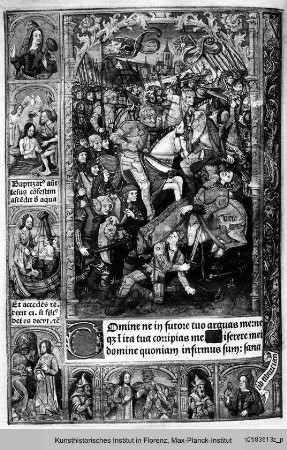 Horae Beatae Mariae Virginis ad usum Ecclesiae Romanae : Psalm 6 mit einer Schlachtenszene Davids im Bildfeld