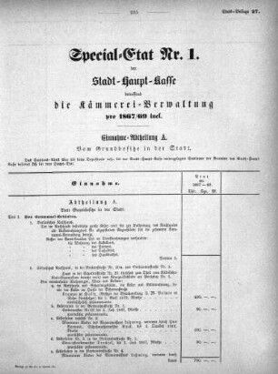 1867,27: Special-Etat Nr. 1 der Stadt-Haupt-Kasse betreffend die Kämmerei-Verwaltung pro 1867/69 incl.