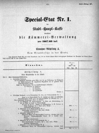 1867,27: Special-Etat Nr. 1 der Stadt-Haupt-Kasse betreffend die Kämmerei-Verwaltung pro 1867/69 incl.