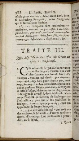 Traité III. Quels Adjectifs doivent estre mis devant ou aprés les Substantifs.