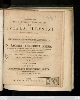 Dissertatio Ivris Pvblici Vniversalis De Tvtela Illvstri