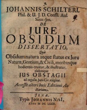 Johannes Schilteri De jure obsidum dissertatio