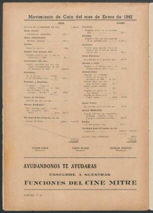 Movimiento de Caja del mes de Enero de 1942