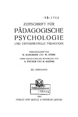 20: Zeitschrift für pädagogische Psychologie und Jugendkunde - 20.1919