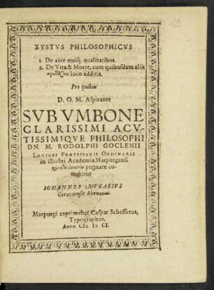 Xystus Philosophicus : 1. De aere eiusq[ue] qualitatibus. 2. De Vita & Morte, cum quibusdam aliis prostheseōs loco additis