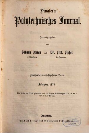 Dingler's polytechnisches Journal. 216. 1875 = 5. Reihe Bd. 16