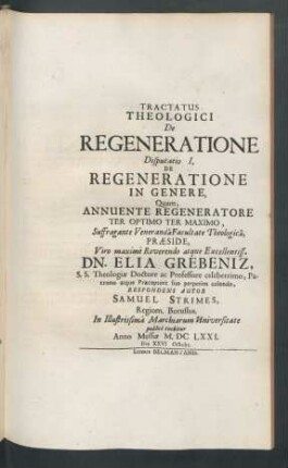 ... Disputatio I. De Regeneratione In Genere ...