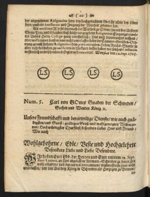 Num. 5. Carl von Gottes Gnaden der Schweden, Gothen und Wenden König ...