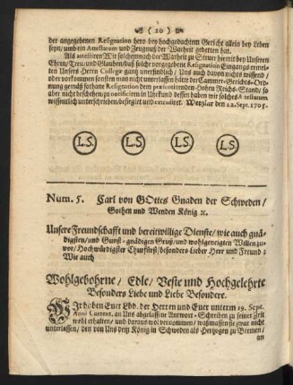 Num. 5. Carl von Gottes Gnaden der Schweden, Gothen und Wenden König ...