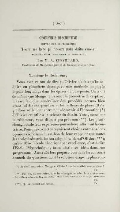 Géométrie descriptive. Lettre sur le problème: Trouver une droite qui rencontre quatre droites données [...]