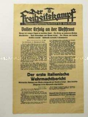 Nachrichtenblatt der sächsischen NSDAP-Zeitung "Der Freiheitskampf" über die deutsche Besetzung der französischen Hafenstadt Rouen und dem ersten italenischen Wehrmachtbericht