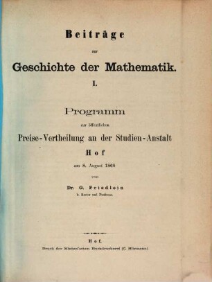 Programm zur öffentlichen Preise-Vertheilung an der Studienanstalt Hof. 1868