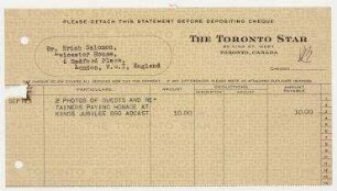 Quittung von Star Newspaper Service, The Toronto Star, Toronto an Erich Salomon