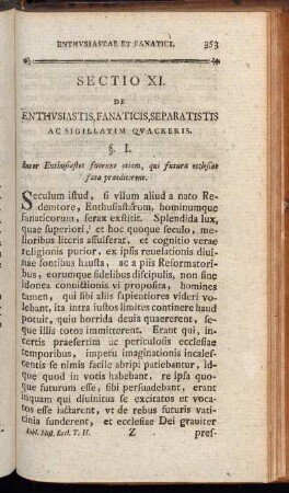Sectio [XIII.] De Enthusiastis, Fanaticis, Separatistis ac Sigillatim Quackeris.