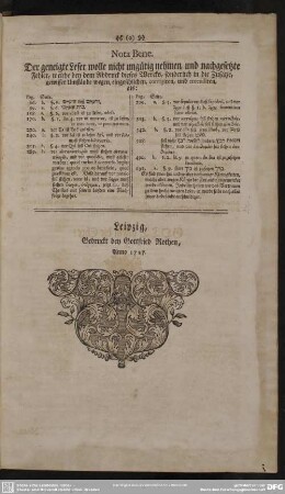 Nota Bene. Der geneigte Leser wolle nicht ungütig nehmen, und nachgesetzte Fehler, welche bey dem Abdruck dieses Werckes, sonderlich in die Zusätze, gewisser Umstände wegen, eingeschlichen, corrigiren, und emendiren ...