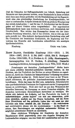 Baasch, Ernst :: Allgemeine Staatengeschichte, Abt. 3, Deutsche Landesgeschichten, Werk 13, Geschichte Hamburgs 1814 - 1918, Bd. 1, 1814 - 1867, Bd. 2, 1867 - 1918 : Stuttgart u.a., Perthes, 1924/1925
