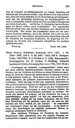 Baasch, Ernst :: Allgemeine Staatengeschichte, Abt. 3, Deutsche Landesgeschichten, Werk 13, Geschichte Hamburgs 1814 - 1918, Bd. 1, 1814 - 1867, Bd. 2, 1867 - 1918 : Stuttgart u.a., Perthes, 1924/1925