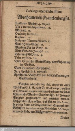 Catalogus der Schrifften, Abrahams von Franckenberg sel.
