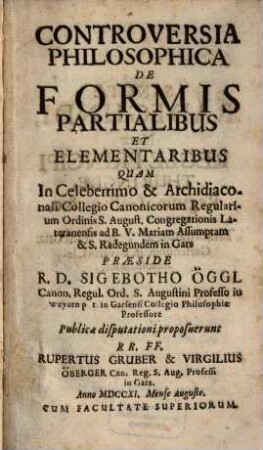 Controversia philosophica de formis partialibus et elementaribus