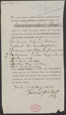 Verlagsschein über diverse Kompositionen Ferdinand Gumberts