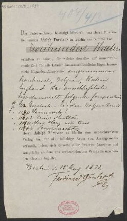 Verlagsschein über diverse Kompositionen Ferdinand Gumberts