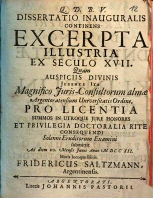 Dissertatio inauguralis continens excerpta illustria ex seculo XVII.