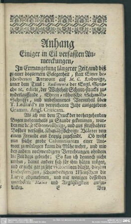 Anhang Einiger in Eil verfassten Anmerckungen