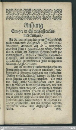 Anhang Einiger in Eil verfassten Anmerckungen