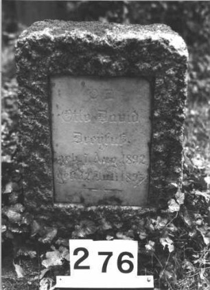 Grabstein 276 (Index: 100082281) Material: Granit, weiße Marmorplatte Zustand: gut Maße HxBxT: 55x35x23 cm Beschreibung: Stele, Korbbogenabschluß, rechteckige Schriftplatte: Grabstein 276