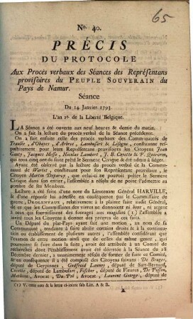 Précis Du Protocole aux Procès verbaux des Séance des Représentans provisoires du Peuple Souverain du Pays de Namur. Séance Du 14 Janvier 1793. L'an 2e de la Liberte Belgique
