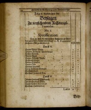 Folgen nunmehro die Beylagen Zu vorstehendem Rechnungs-Formular