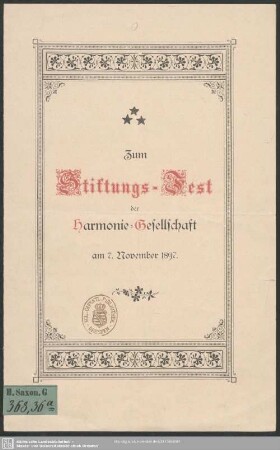 Zum Stiftungs-Fest der Harmonie-Gesellschaft am 7. November 1897