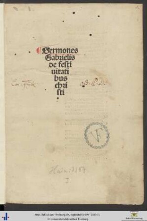 1: Sermones: Sermones Gabrielis de festivitatibus Christi